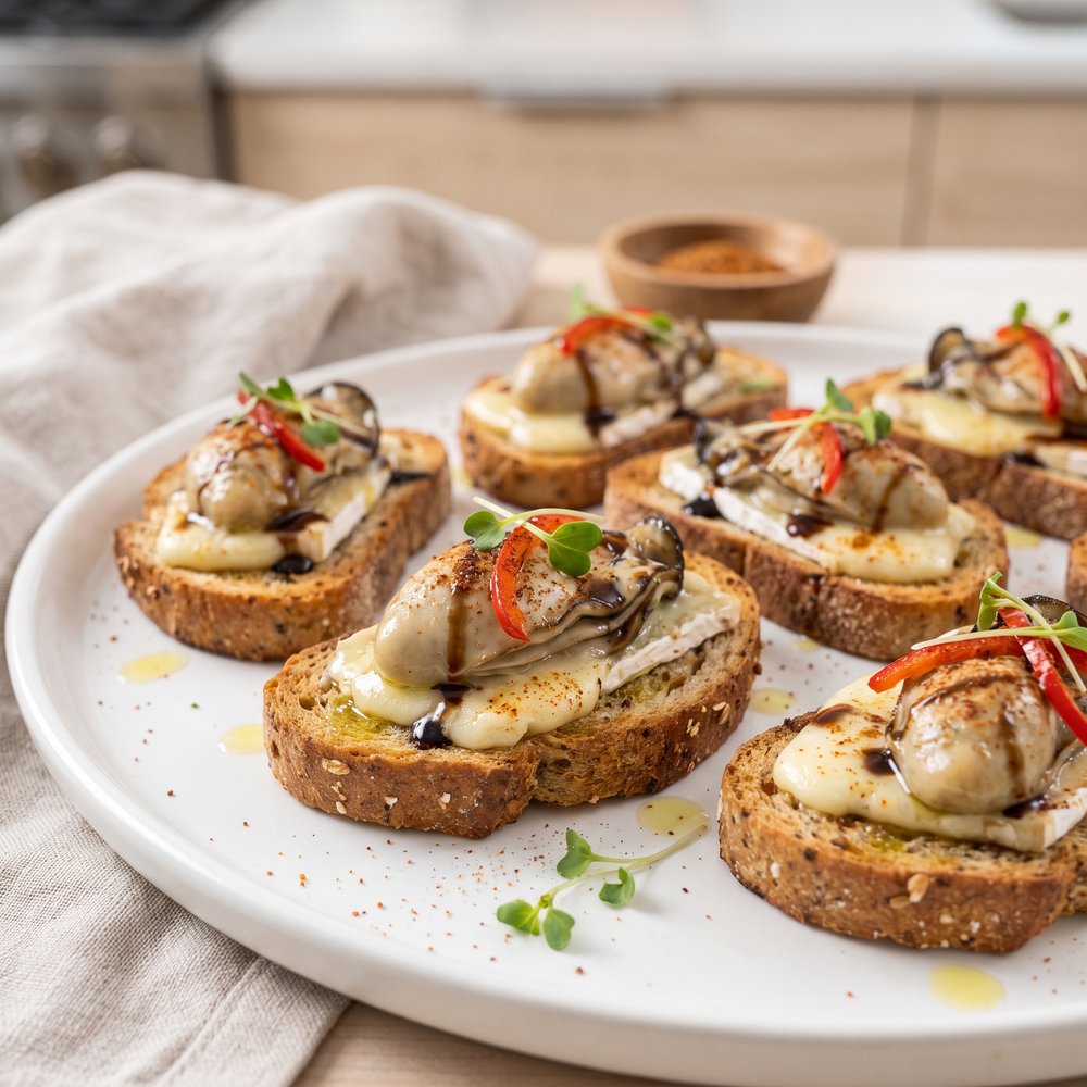 Broiled Oyster and Brie Crostini with Red Pepper