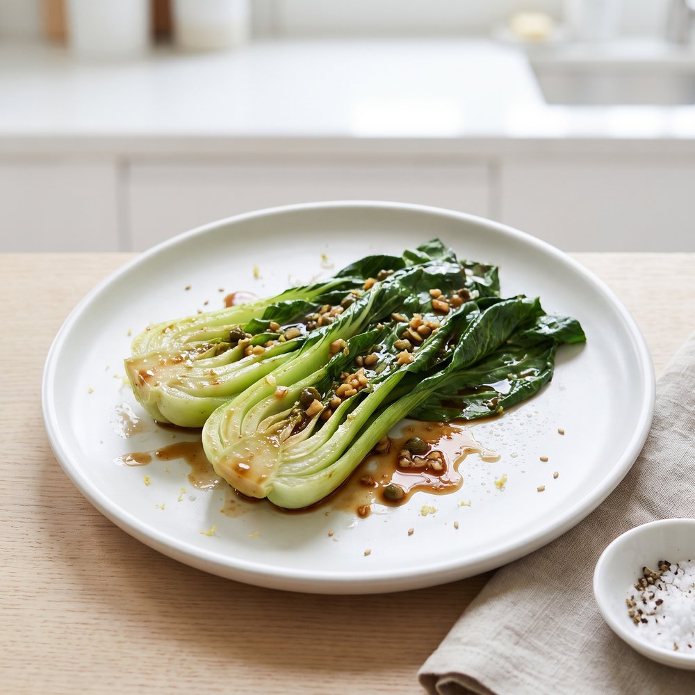 Ginger-Garlic Bok Choy with Balsamic and Capers
