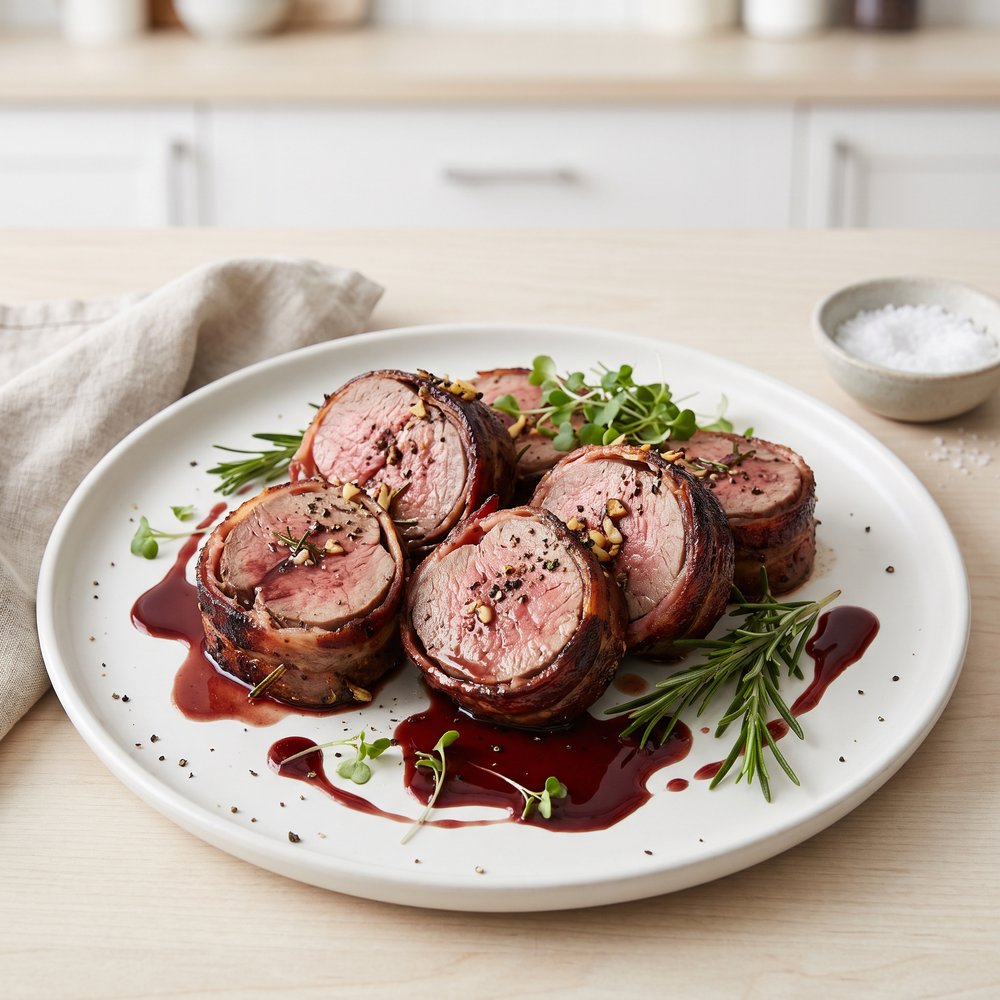 Bacon-Clad Roast Leg of Lamb with Red Wine Pan Sauce