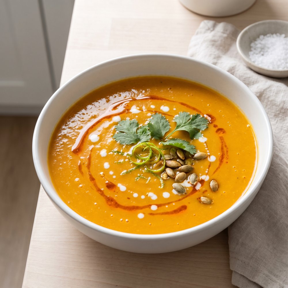 Coconut Pumpkin Soup (Vegan) with Red Curry and Basil