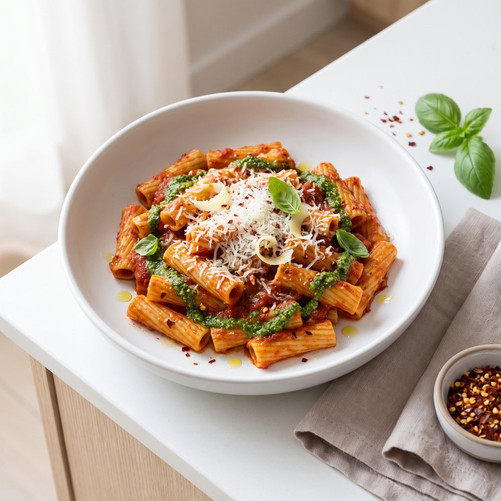 Ziti in Tomato-Basil Pesto Sauce
