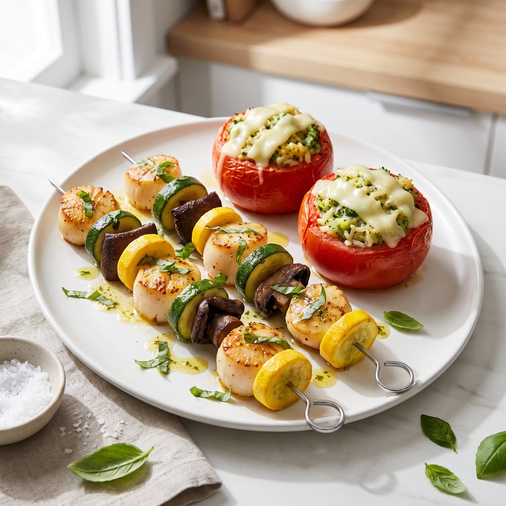 Mamita's Mojito Scallop Skewers with Broccoli-Rice Stuffed Tomatoes