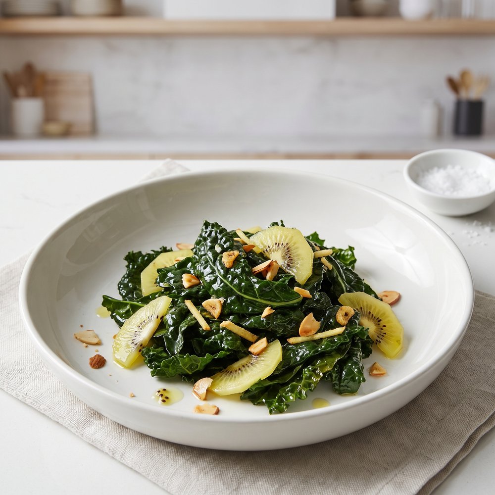 Kiwi-Stirred Kale with Almond Crunch