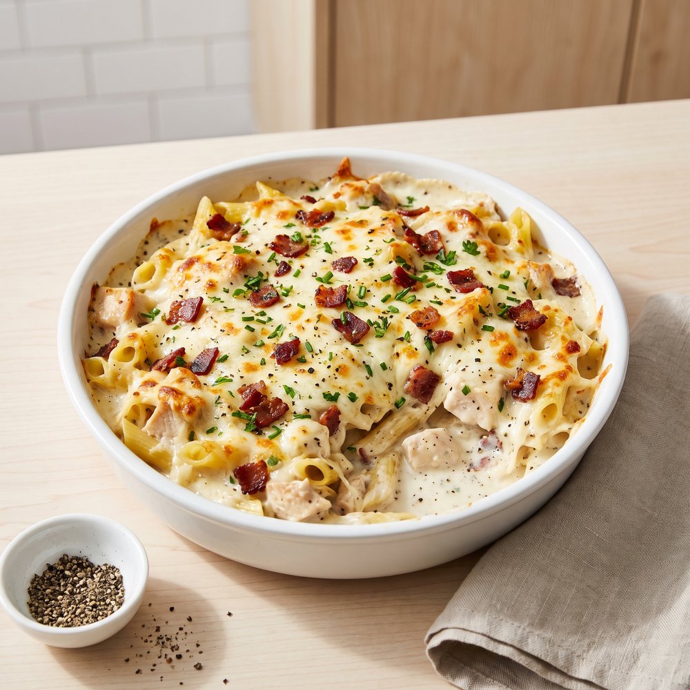 Ranch Chicken, Bacon, and Alfredo Penne Bake
