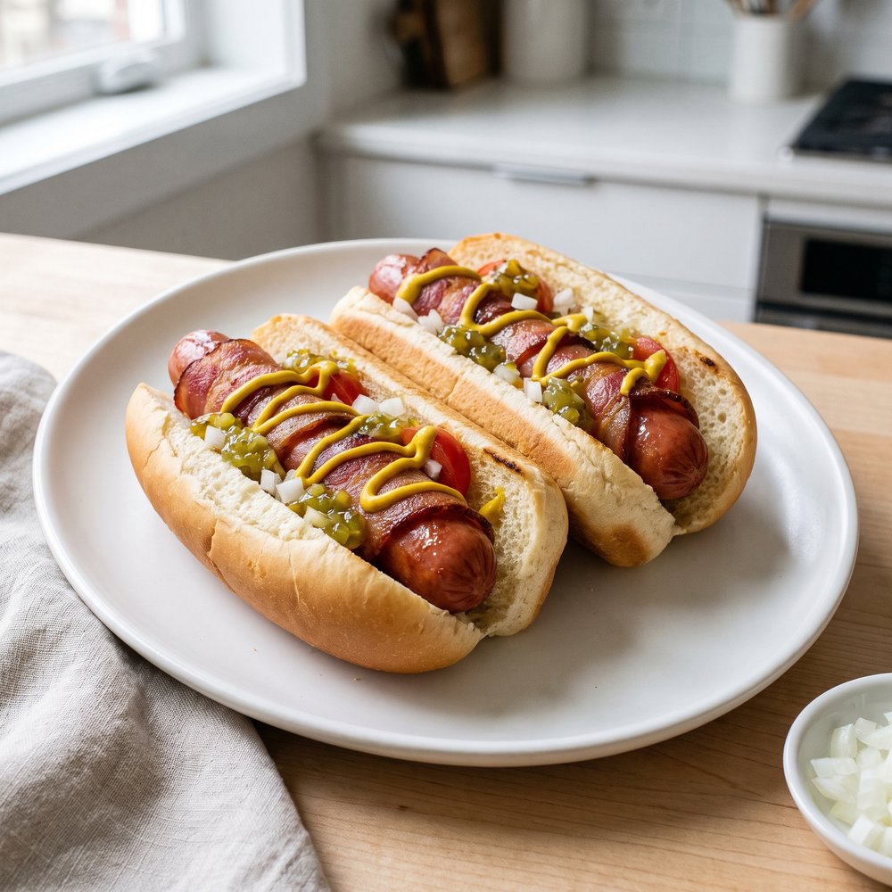Bacon-Wrapped Double Hot Dogs with Mustard and Relish