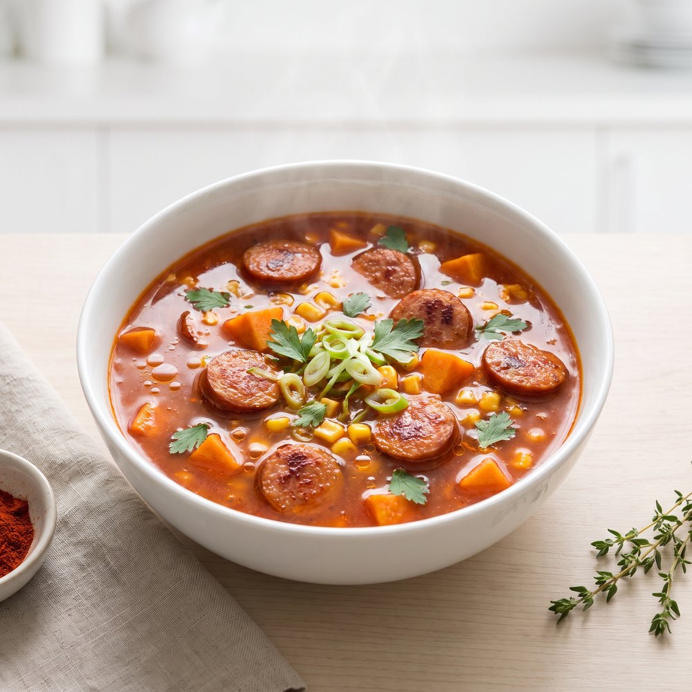 Andouille, Sweet Potato & Corn Chowder