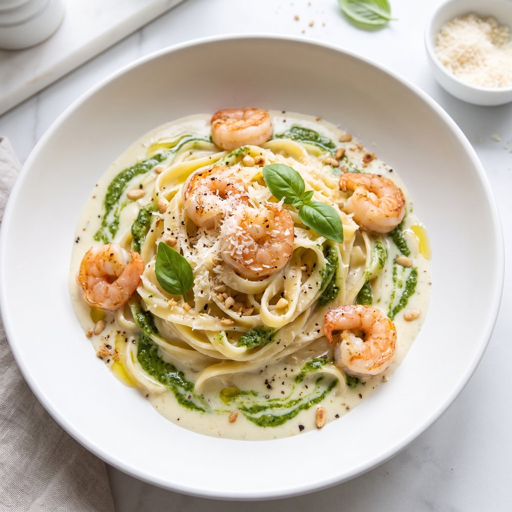 Speedy Shrimp Fettuccine in Pesto Alfredo
