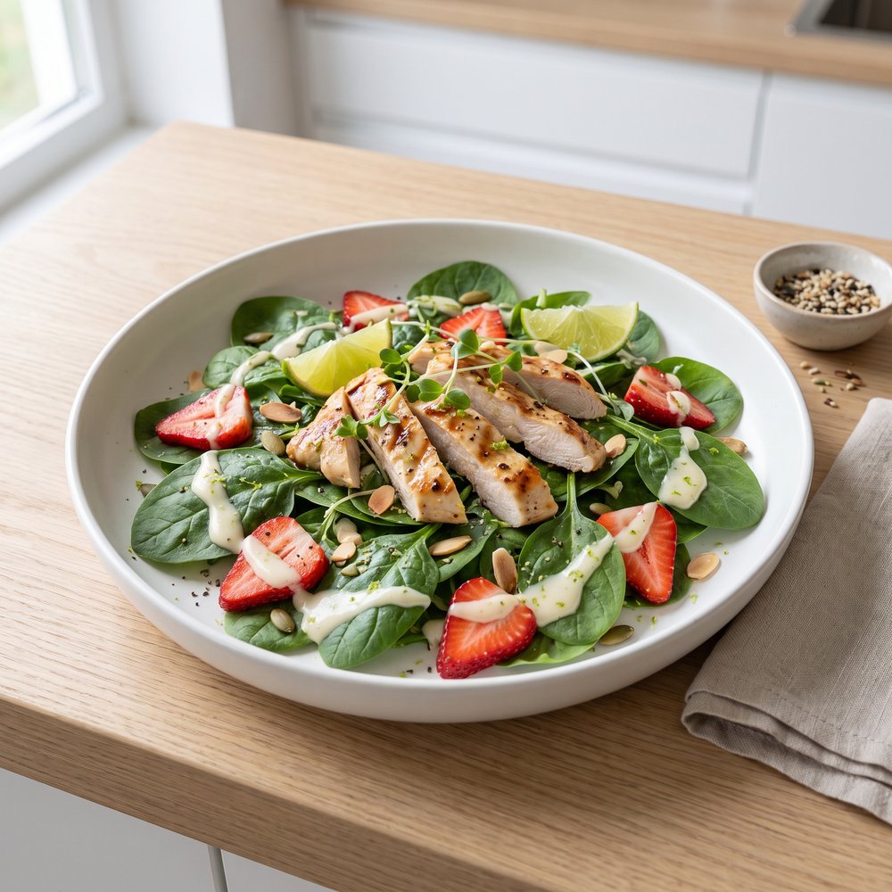 Chicken Strawberry Spinach Salad with Ginger-Lime Dressing