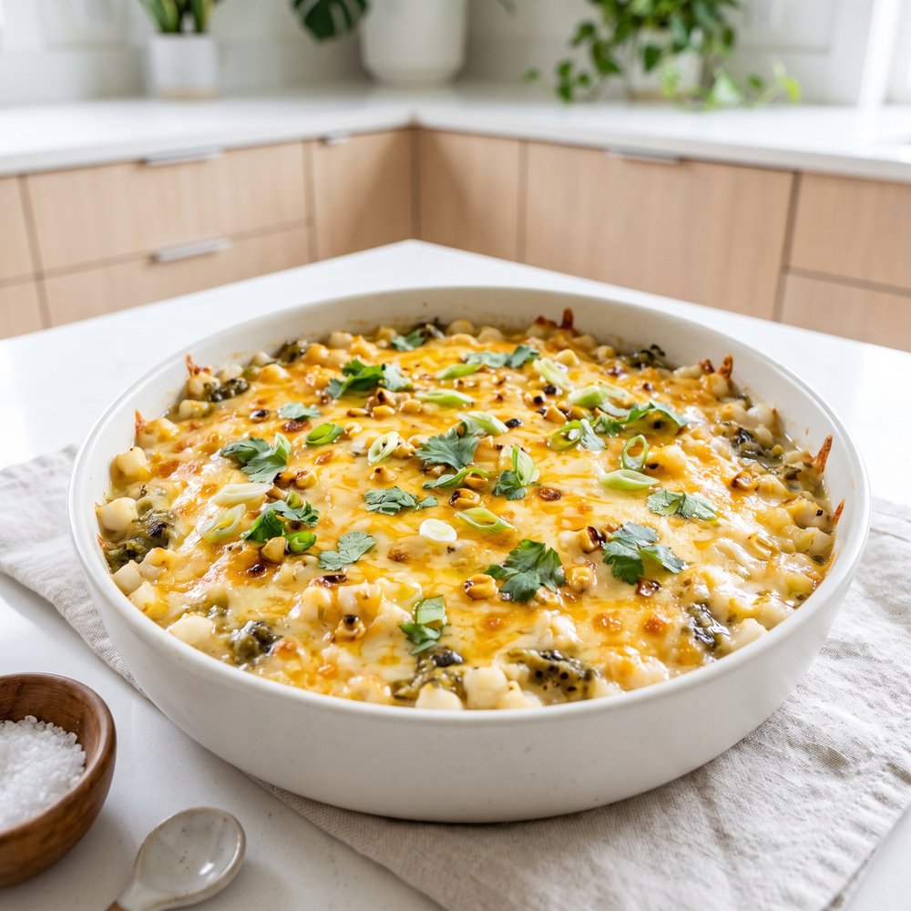 Cheesy Hominy Bake with Green Chiles