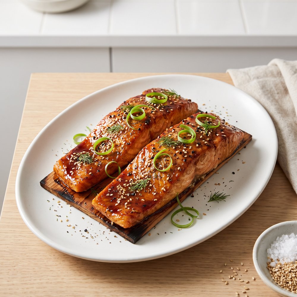 Cedar-Planked Salmon with Brown Sugar–Sesame Glaze