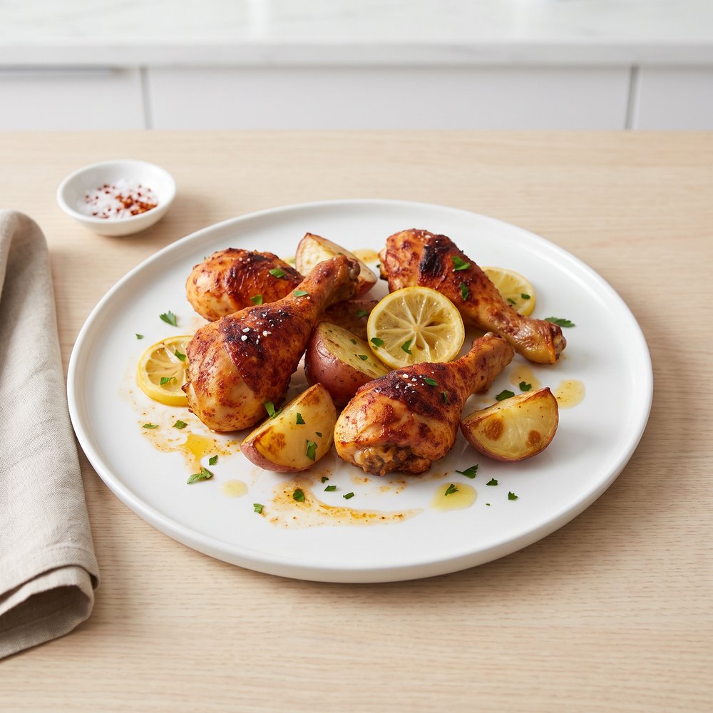 Skillet-Roasted Lemon-Spanish Chicken Drumsticks with Potatoes