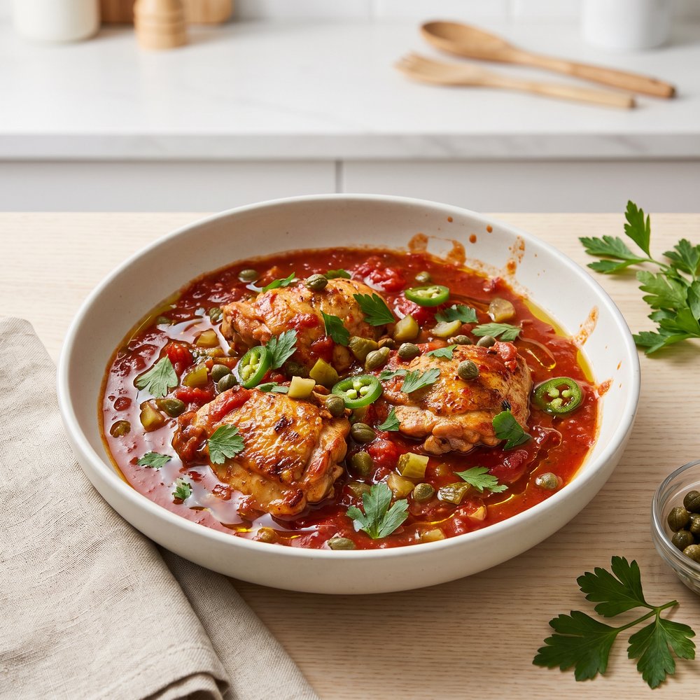 Creole Chicken Piquant Skillet with Tomatoes, Capers, and Pickles