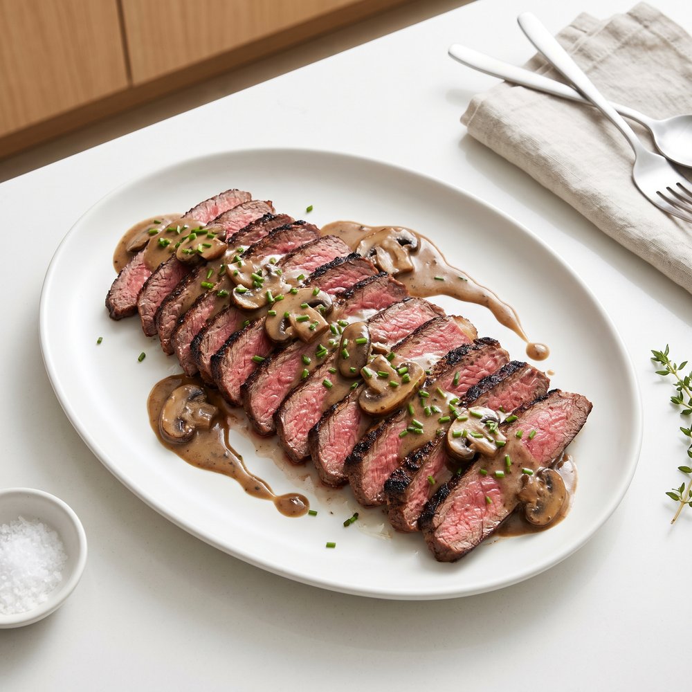 Flat Iron Steak with Creamy Mushroom Wine Sauce