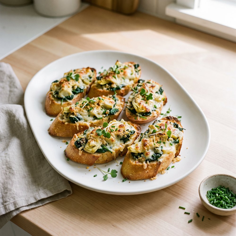 Baked Spinach and Artichoke Toasts