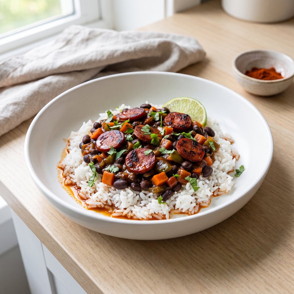 Island-Style Black Beans with Rice and Chorizo