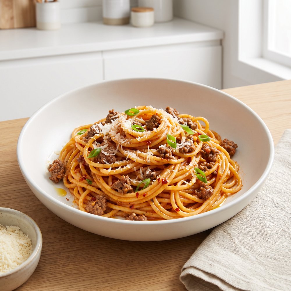 Spicy Gochujang Cream Spaghetti with Beef
