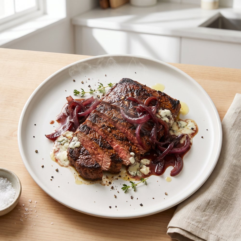 Gorgonzola-Topped Grilled Flat Iron Steaks
