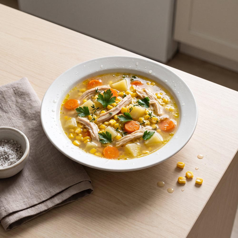 Autumn Corn and Rotisserie Chicken Soup