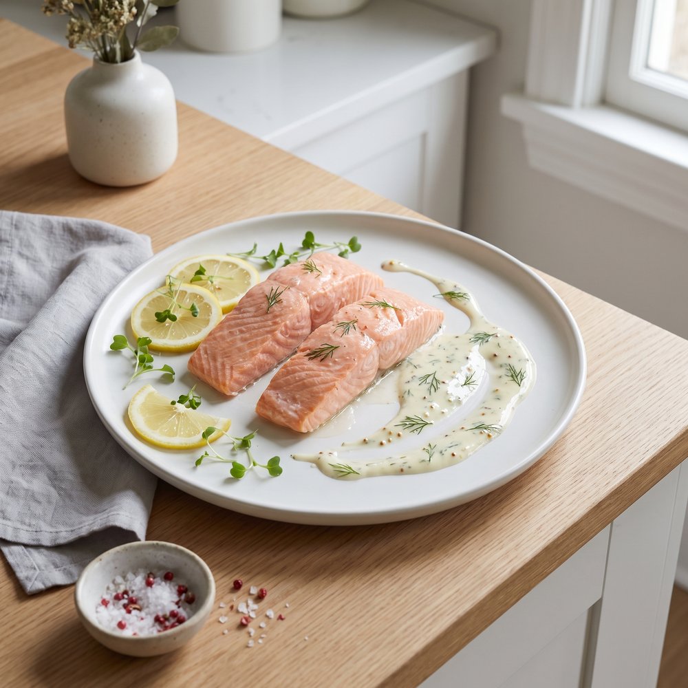 Quick Poached Salmon with Dill Mustard Sauce