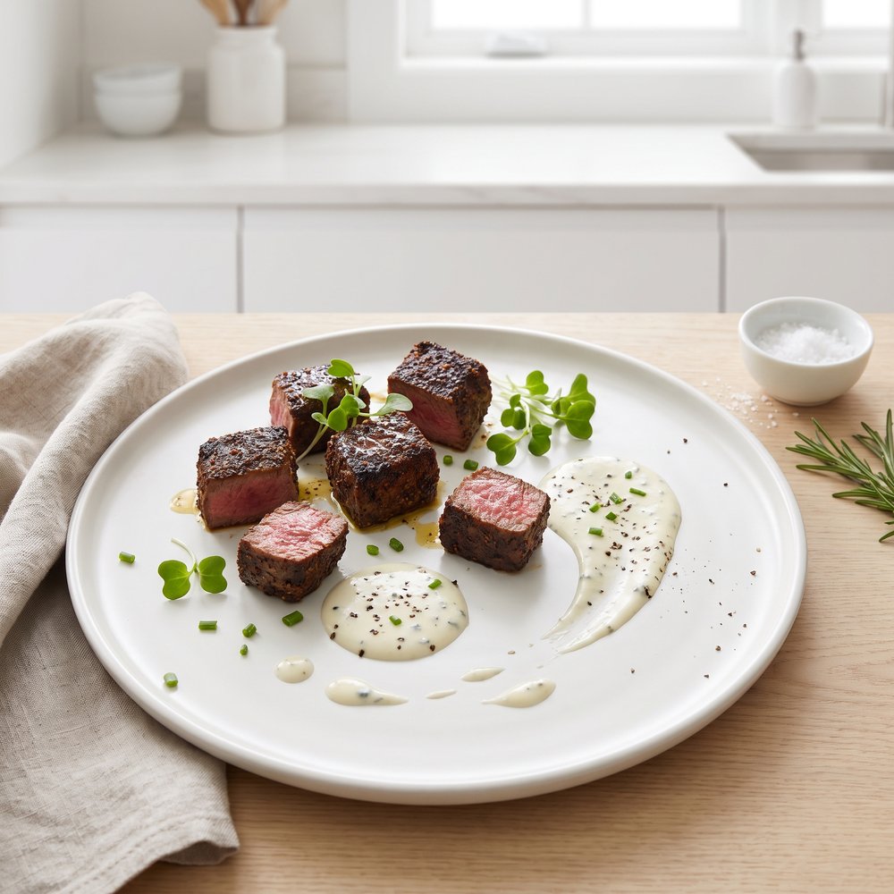 Blackened Steak Bites with Blue Cheese Sauce