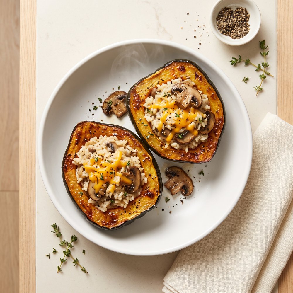 Acorn Squash Stuffed with Cheesy Mushroom Rice