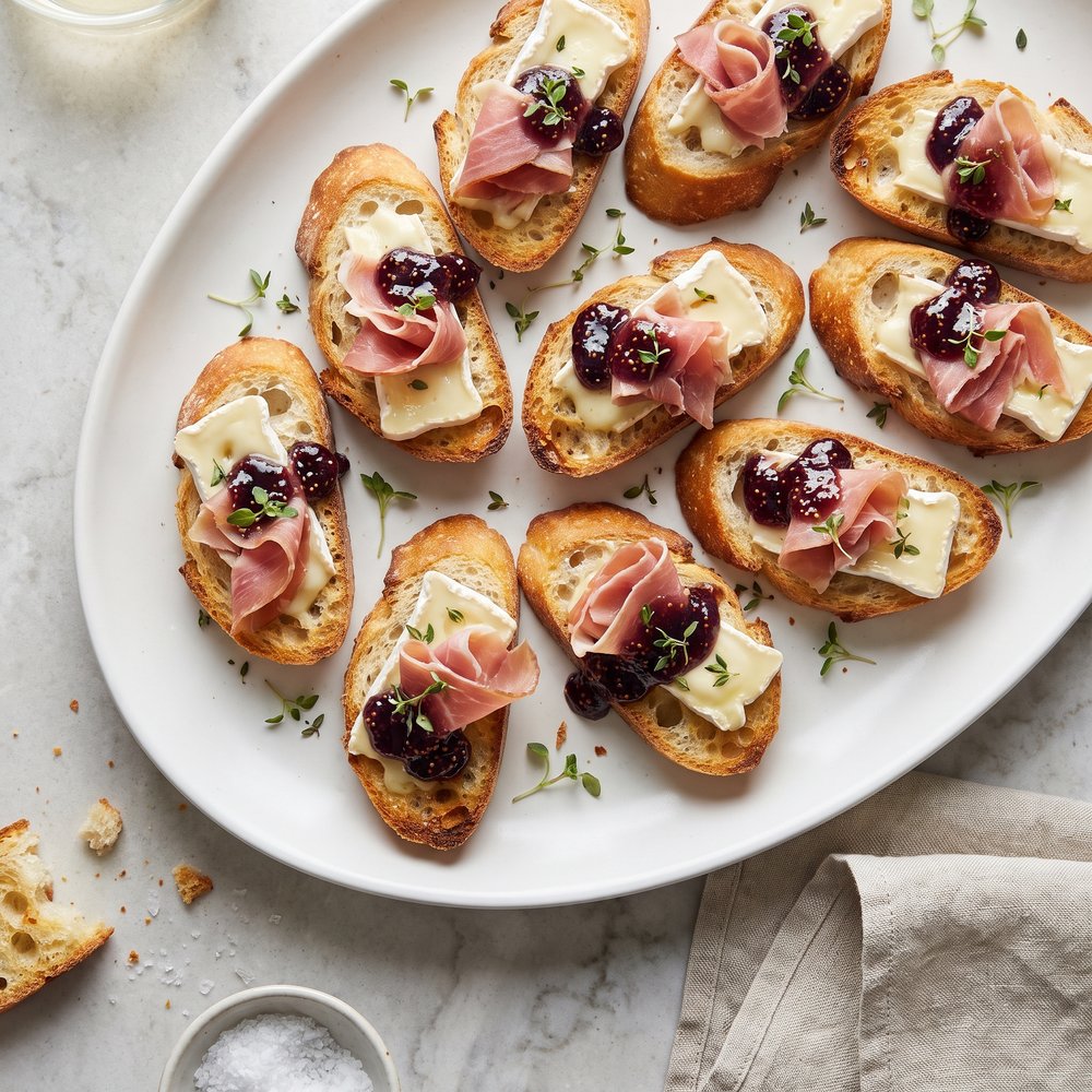 Brie and Ham Crostini with Fig Jam