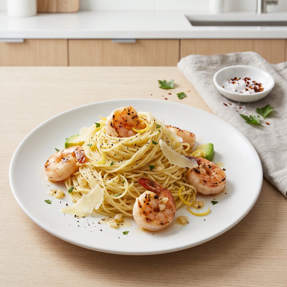 Shrimp Scampi with Angel Hair and Avocado