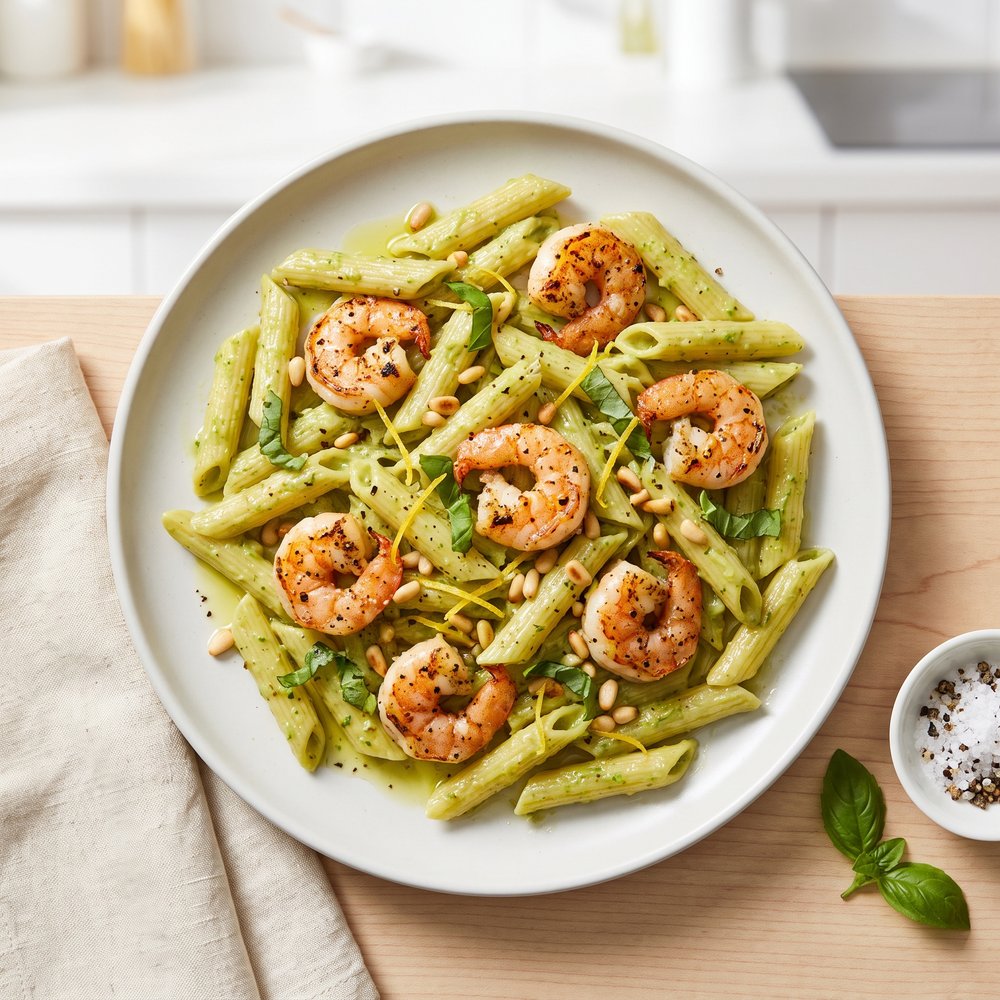 Avocado-Basil Pesto Penne with Shrimp