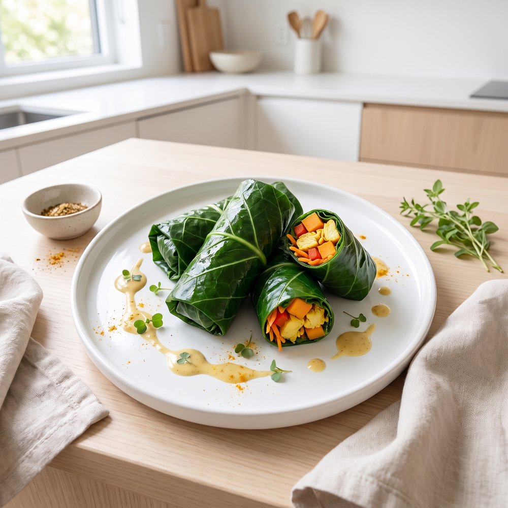 Collard Green Wraps with Coconut Curry Chicken