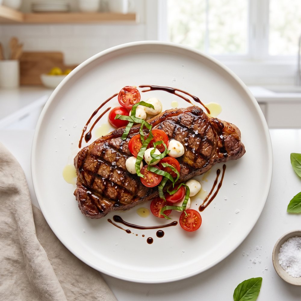 Grilled Steak with Balsamic Caprese Topping