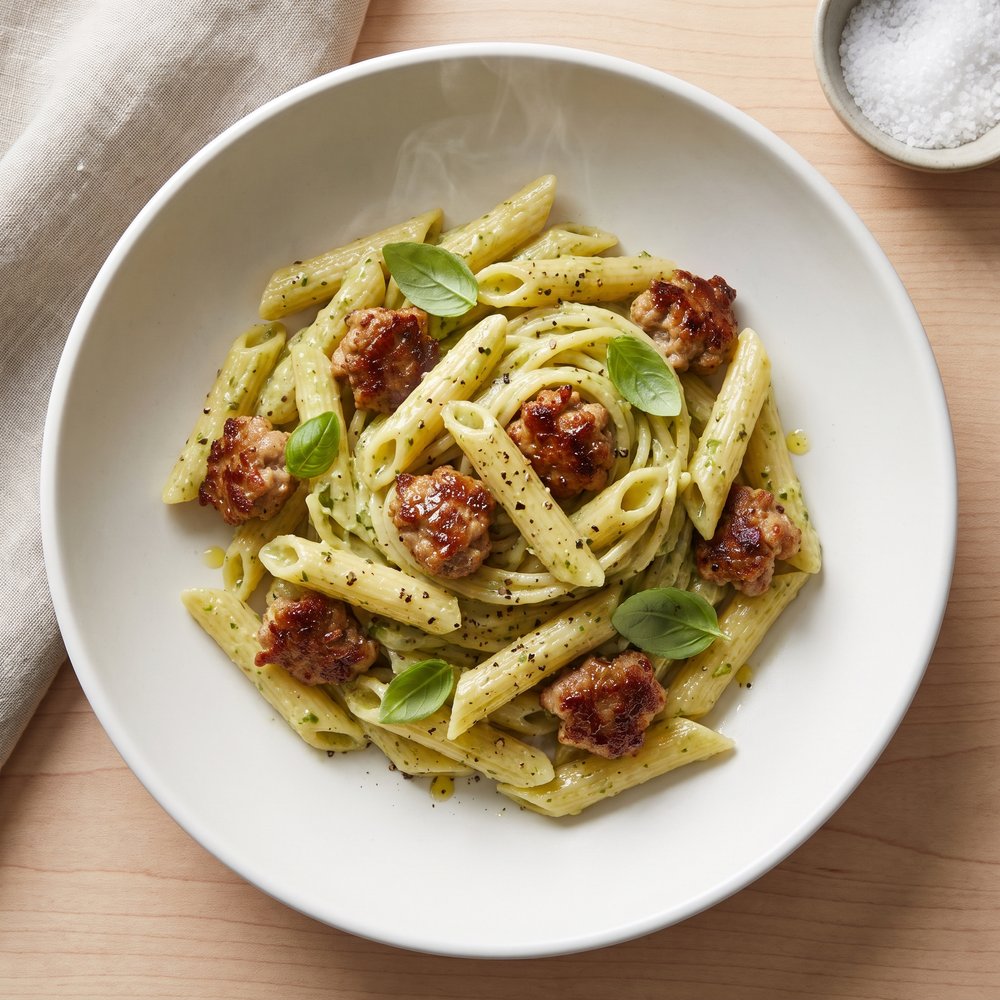 Penne with Creamy Pesto and Sausage