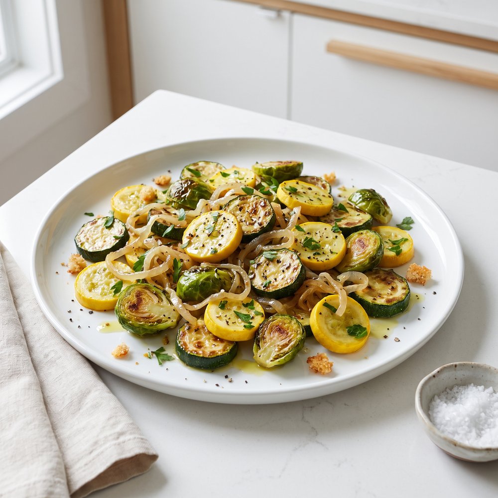 Oven-Roasted Zucchini, Summer Squash, and Brussels Sprouts Medley