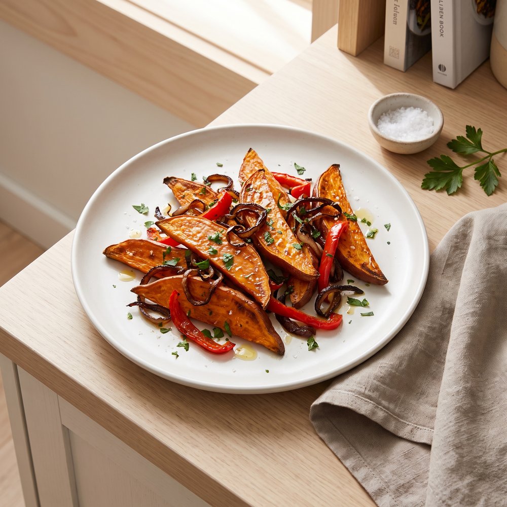 Baked Sweet Potatoes with Caramelized Onions and Peppers
