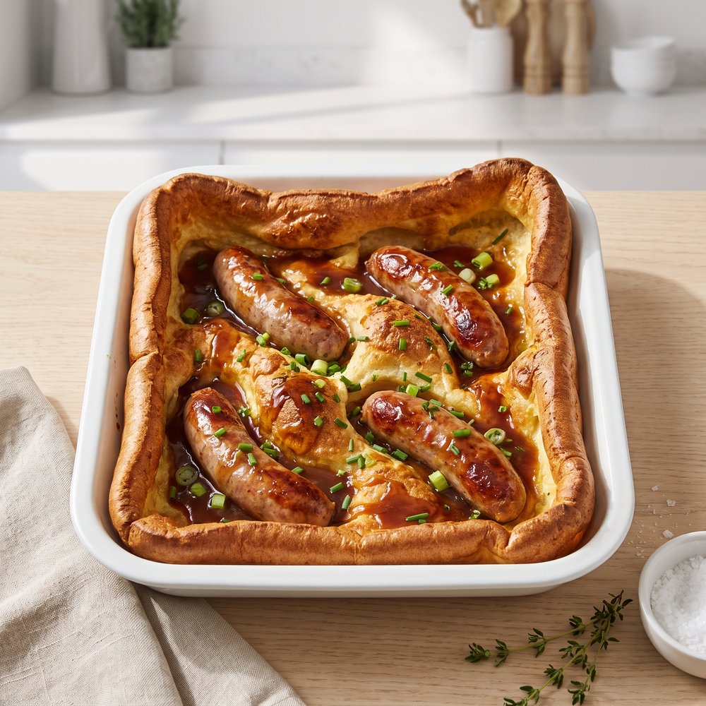 Yorkshire-Style Sausages in Batter with Onion Gravy