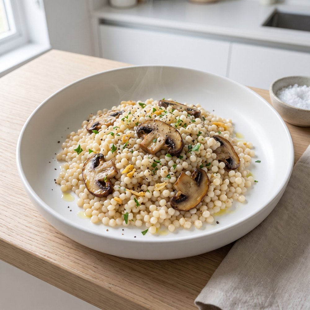 Pressure Cooker Garlicky Mushroom Pearl Couscous
